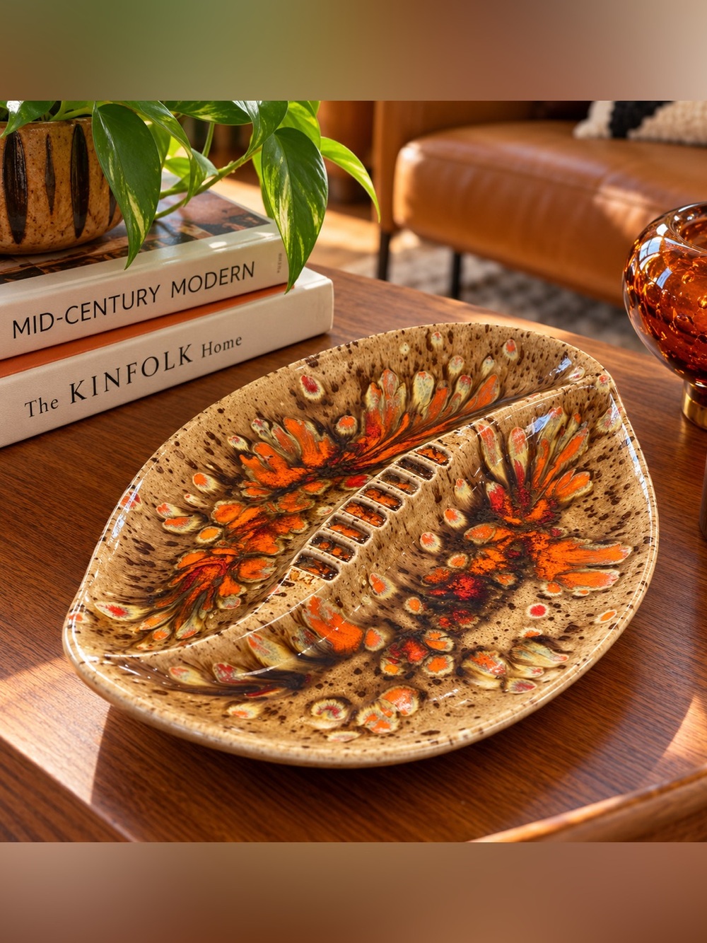Vintage MCM Studio Pottery Divided Serving Dish Orange Brown Floral Ash Tray